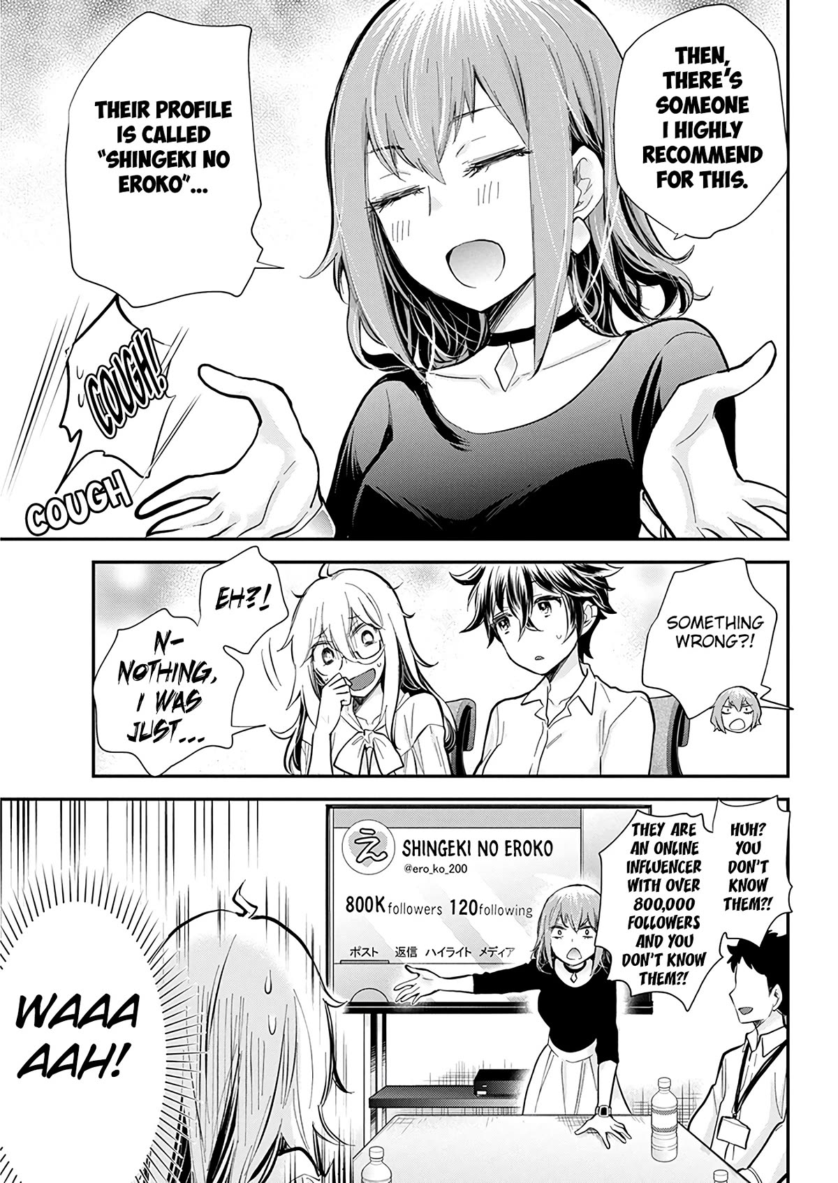 Shingeki no Eroko-san Chapter 46 page 13 - Chapter 46: Someone please teach me how to beat a timeline where I’m asked to advertise for a coworker who’s a huge fan of mine
