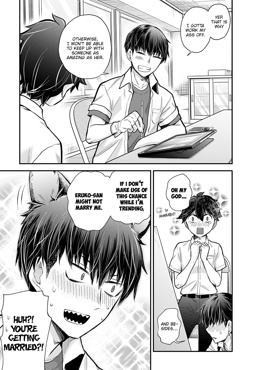 Shingeki no Eroko-san Chapter 58 page 18 - Chapter 58: My boyfriend is an omega trending god-tier artist?! Not to mention the character is designed after me, and the crazy amount of new followers knocked my socks off.