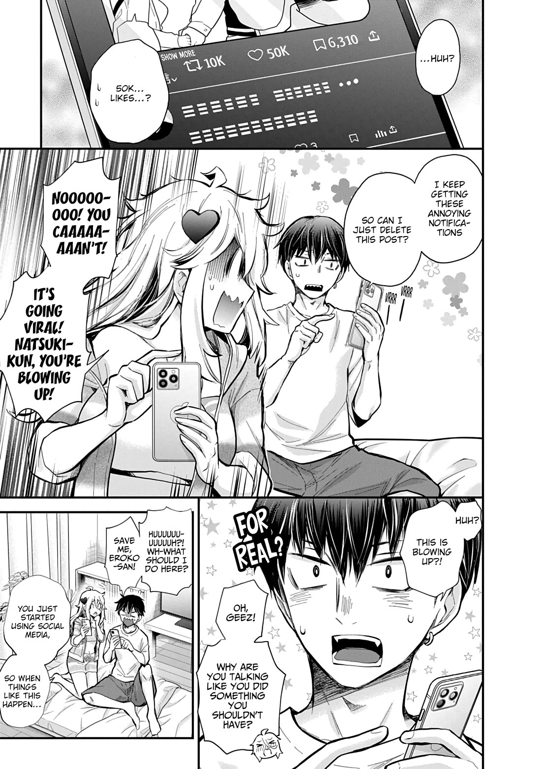 Shingeki no Eroko-san Chapter 58 page 6 - Chapter 58: My boyfriend is an omega trending god-tier artist?! Not to mention the character is designed after me, and the crazy amount of new followers knocked my socks off.