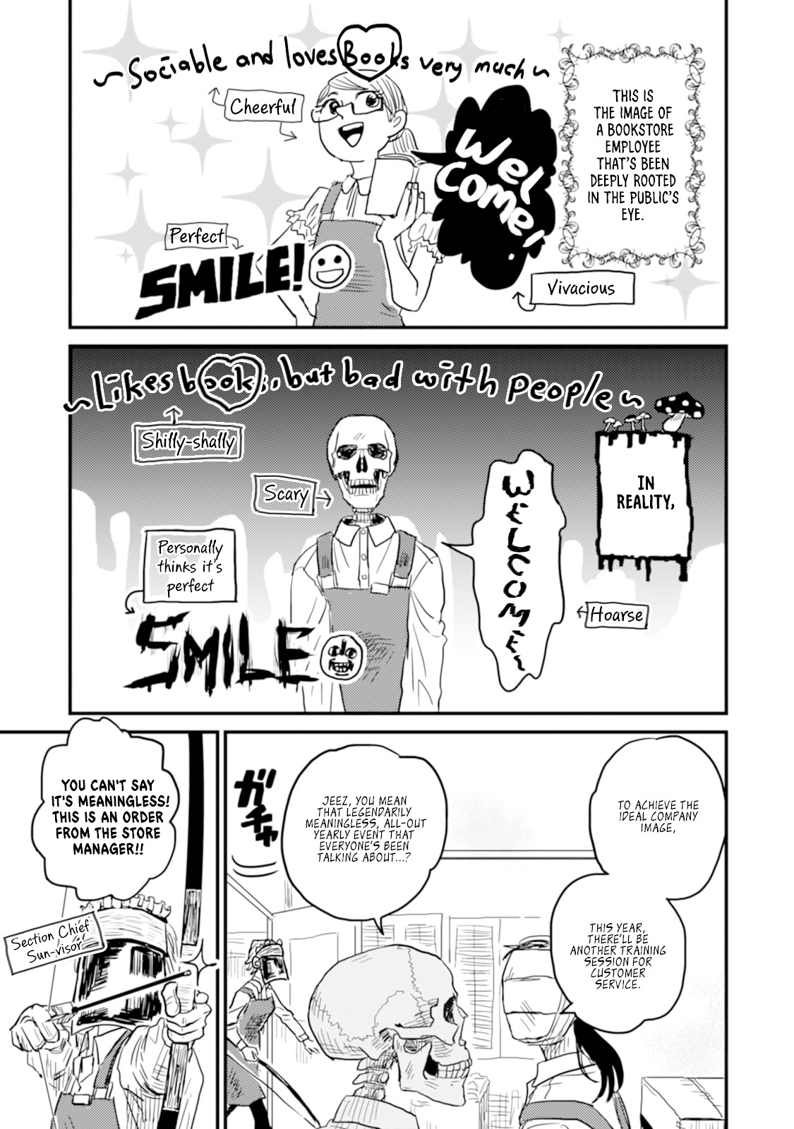Skull-face Bookseller Honda-san Chapter 6 page 1 - Chapter 6: Customer Service Training From Hell