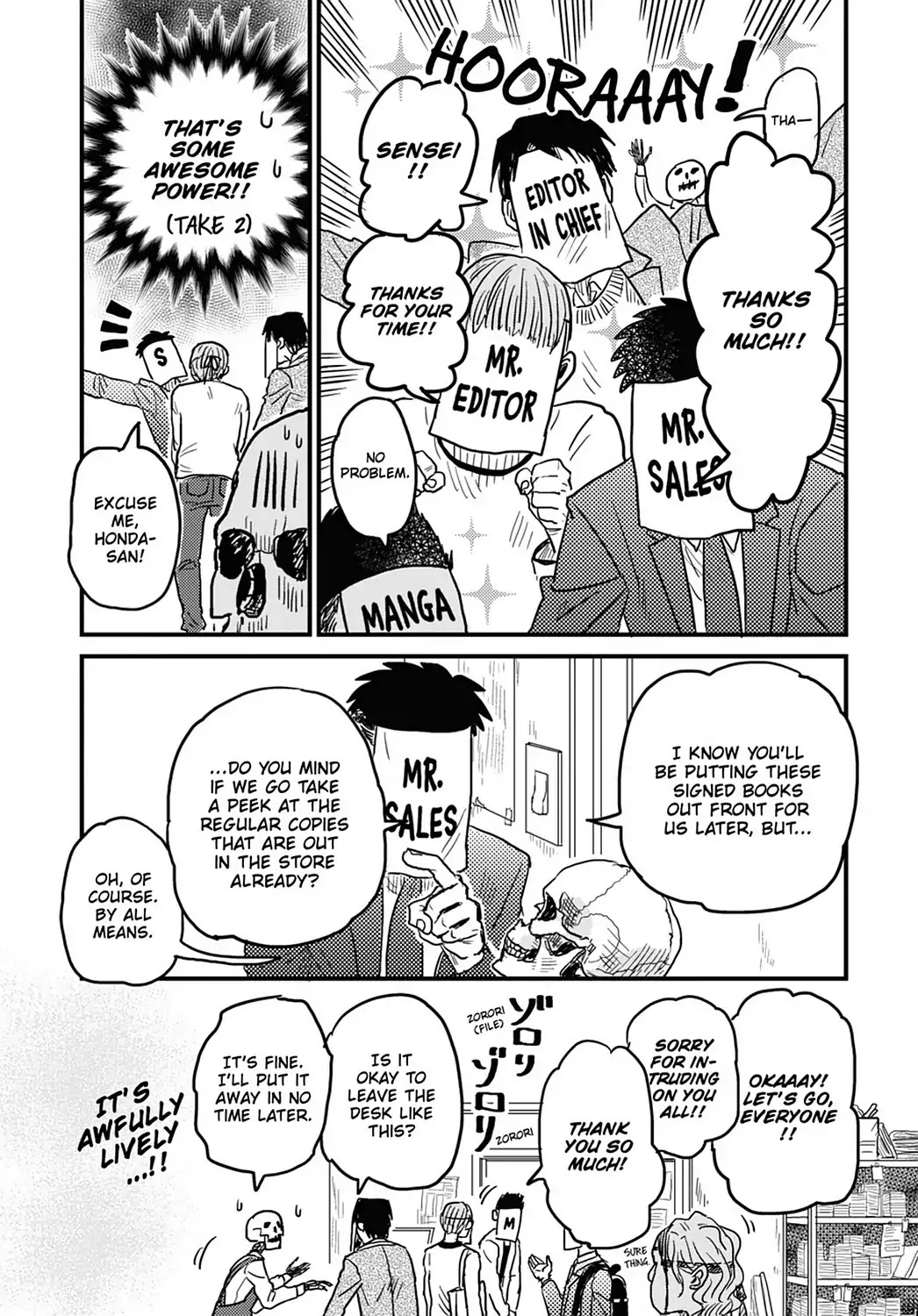 Skull-face Bookseller Honda-san Chapter 8 page 12 - Chapter 8: It's a Book Signing!! All Hands Assemble