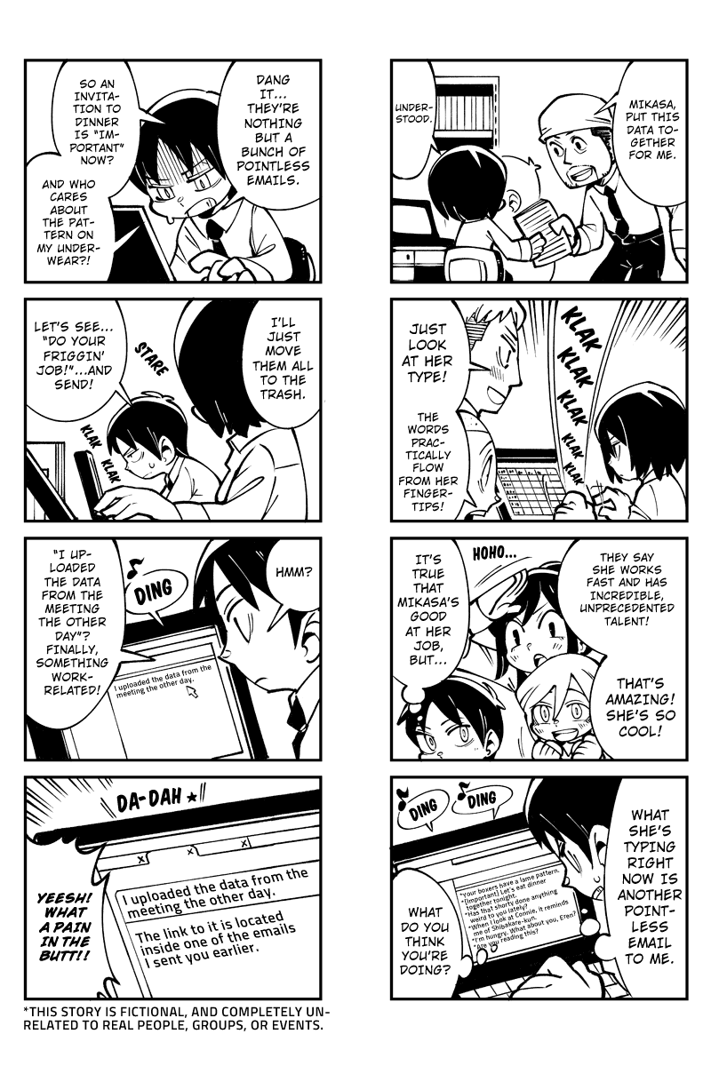 Sungeki no Kyojin Chapter 18 page 2 - Chapter 18: A Day in Mikasa's Life at the Office