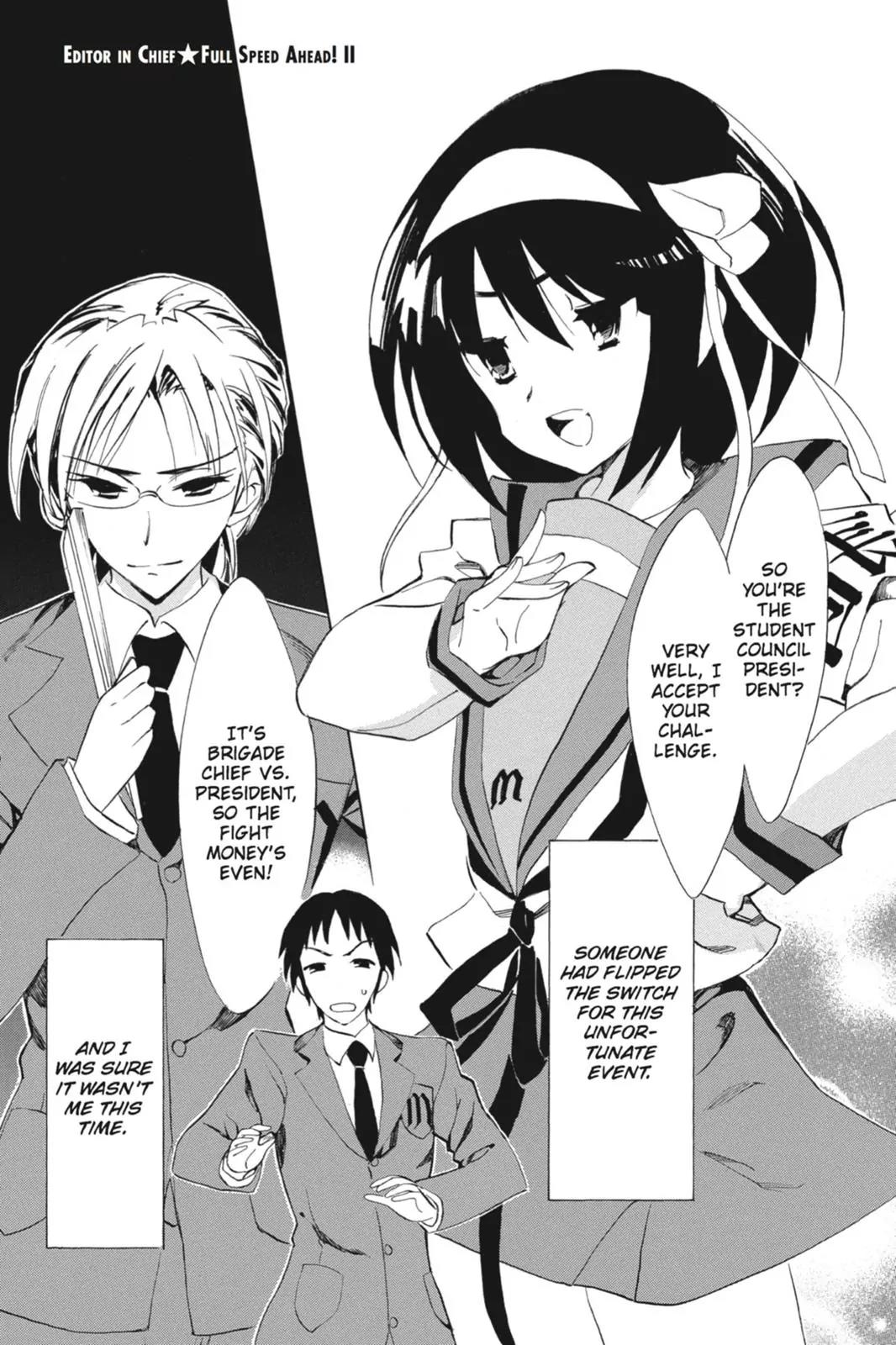 Suzumiya Haruhi no Yuuutsu Chapter 64 page 1 - Chapter 64: Editor in Chief★Full Speed Ahead! II