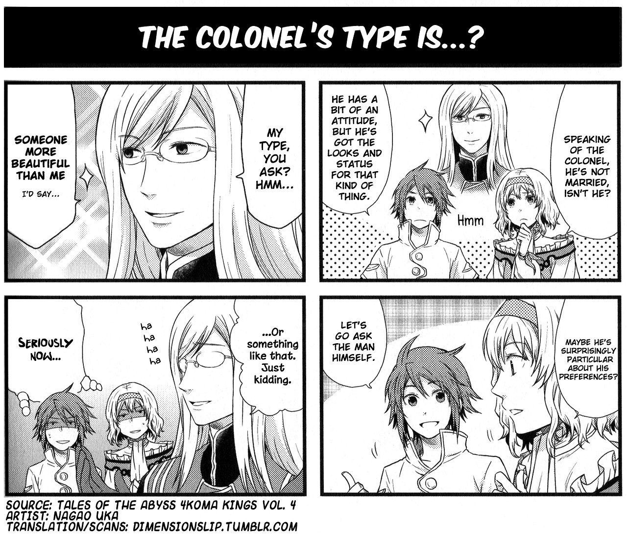 Tales of the Abyss 4koma Kings Chapter 95.4 page 1 - Chapter 95 : v4 The Colonel's Type is...?