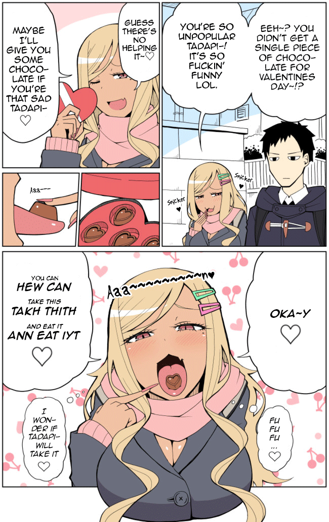 Tedama ni Toritai Kurokiya-san Chapter 0.1 page 1 - Chapter 0.1: Twitter Short #1 - A tan-skinned gal is playing around on Valentine's