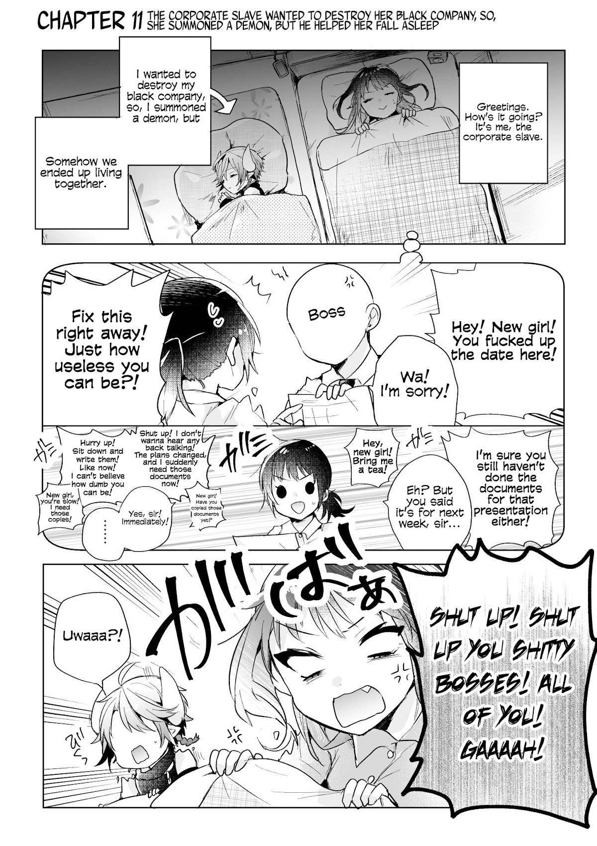 The Corporate slave OL and the demon shota Chapter 11 page 1 - Chapter 11: The corporate slave wanted to destroy her black company, so, she summoned a demon, but he helped her fall asleep