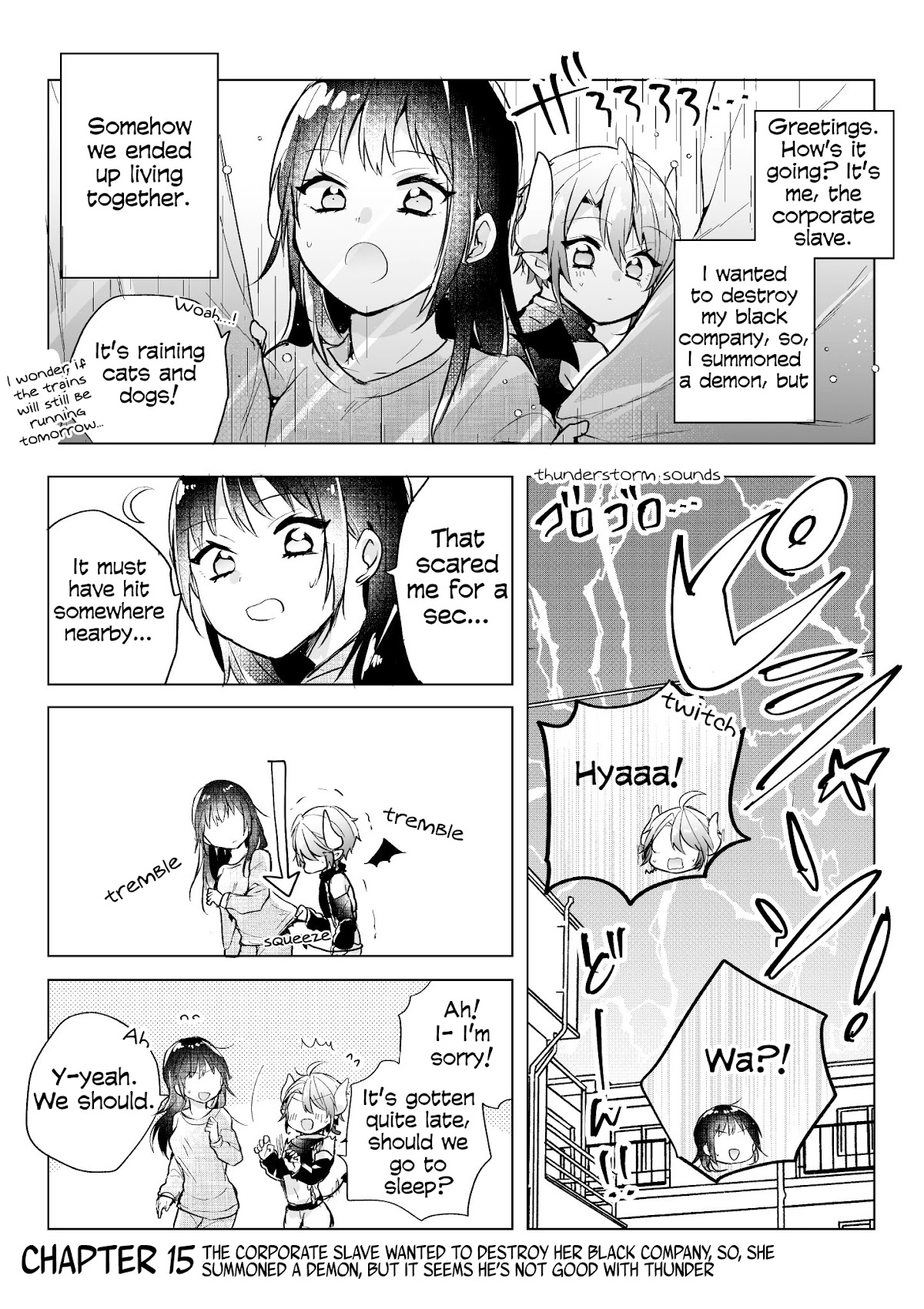 The Corporate slave OL and the demon shota Chapter 15 page 1 - Chapter 15: The corporate slave wanted to destroy her black company, so, she summoned a demon, but it seems he’s not good with thunder