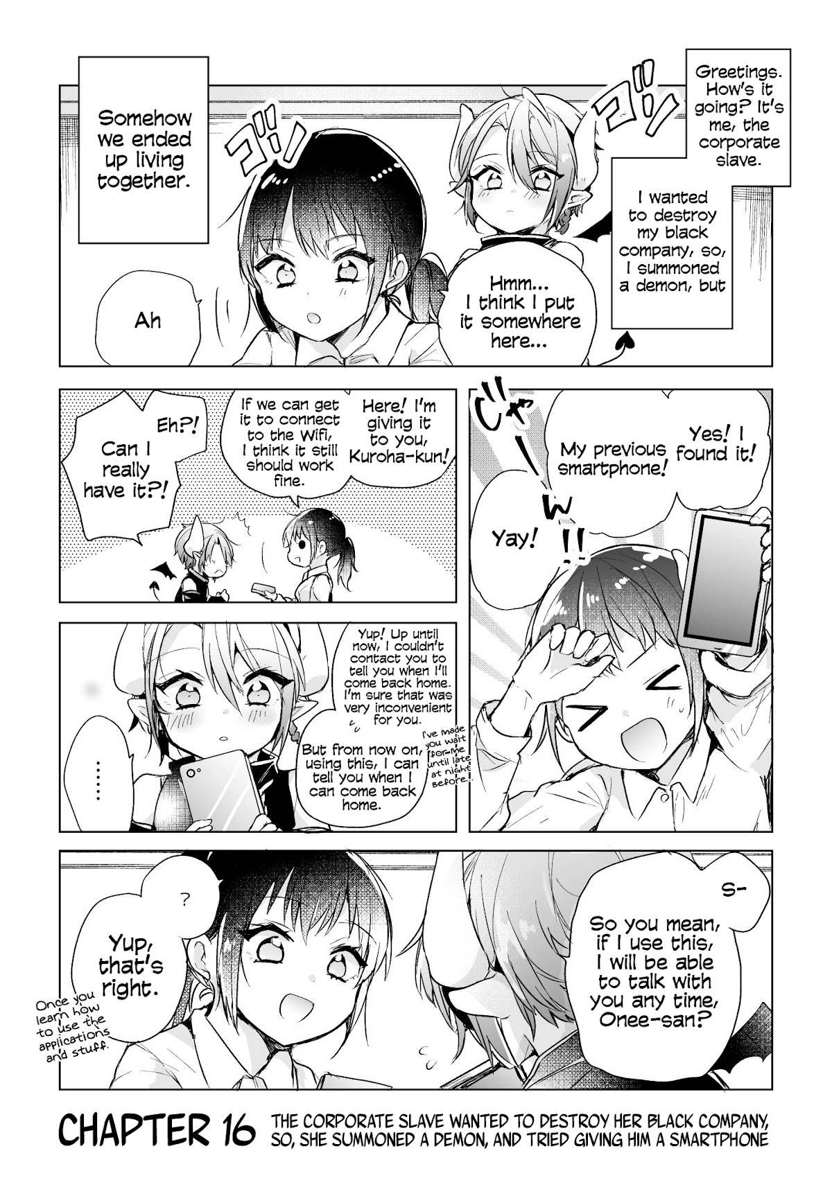 The Corporate slave OL and the demon shota Chapter 16 page 1 - Chapter 16: The corporate slave wanted to destroy her black company, so, she summoned a demon, and tried giving him a smartphone
