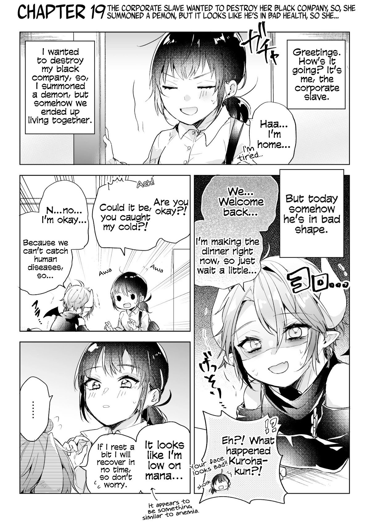 The Corporate slave OL and the demon shota Chapter 19 page 1 - Chapter 19: The corporate slave wanted to destroy her black company, so, she summoned a demon, but it looks like he’s in bad health, so she...