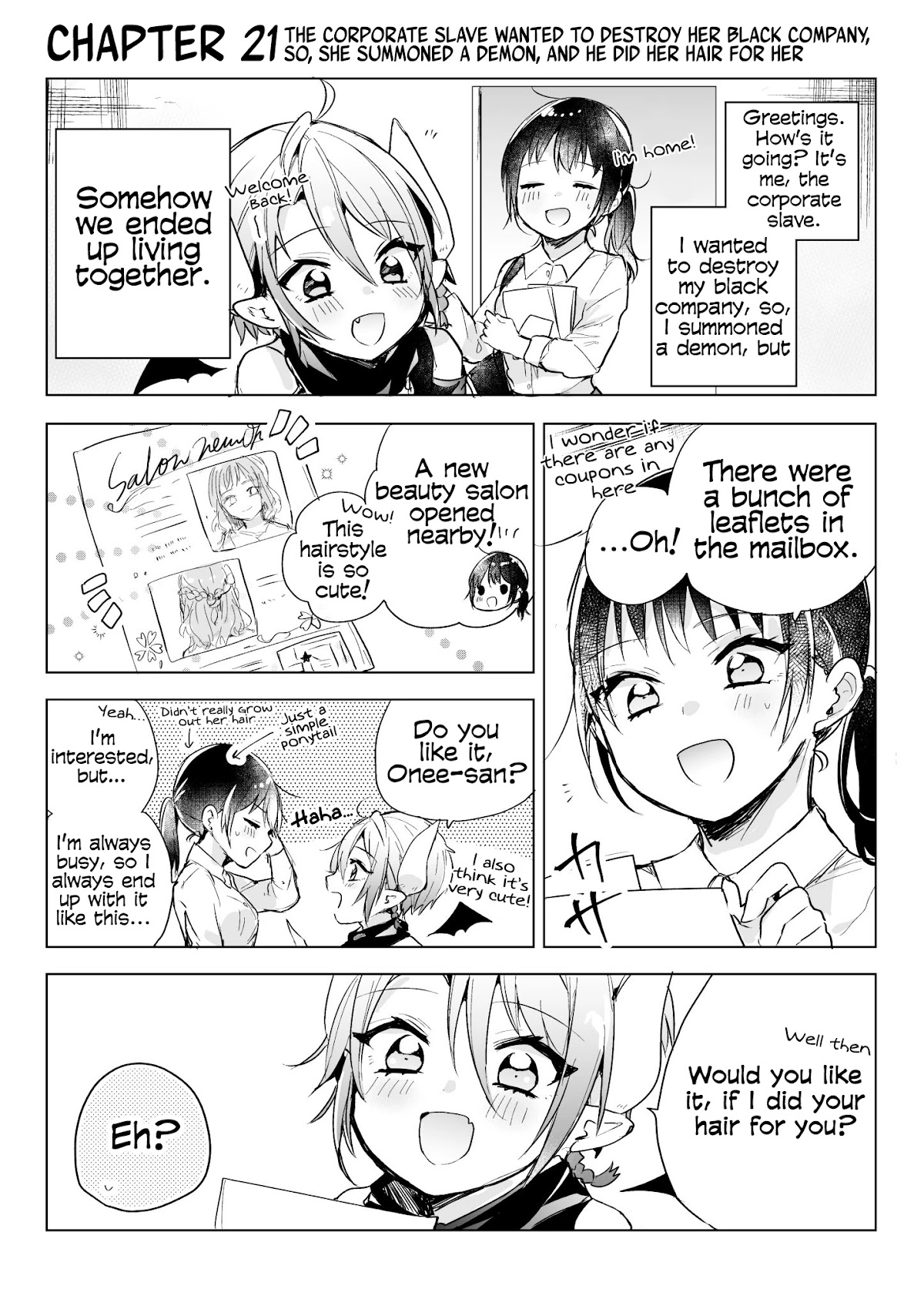 The Corporate slave OL and the demon shota Chapter 21 page 1 - Chapter 21: The corporate slave wanted to destroy her black company, so, she summoned a demon, and he did her hair for her
