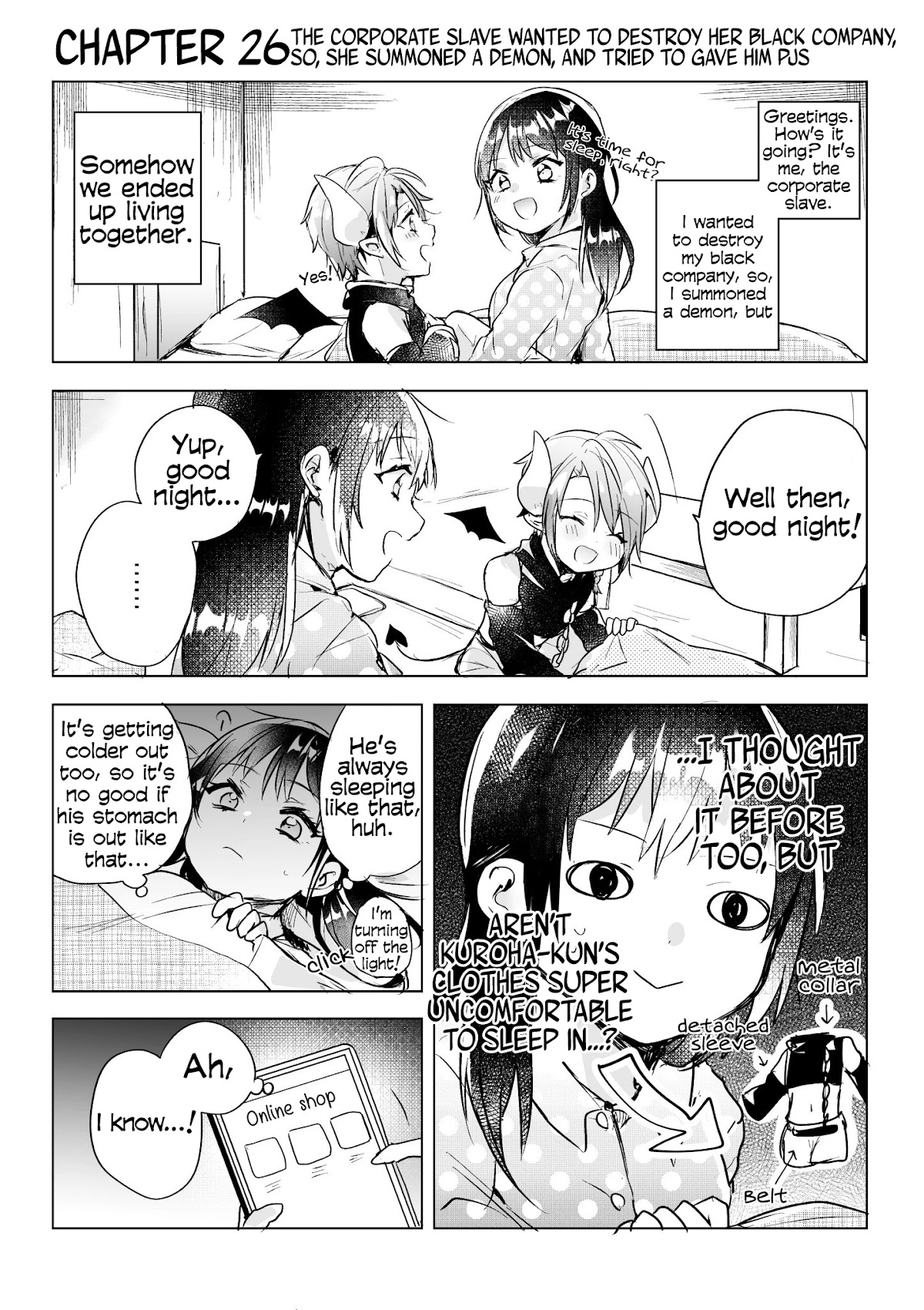 The Corporate slave OL and the demon shota Chapter 26 page 1 - Chapter 26: The corporate slave wanted to destroy her black company, so, she summoned a demon, and tried to gave him PJs