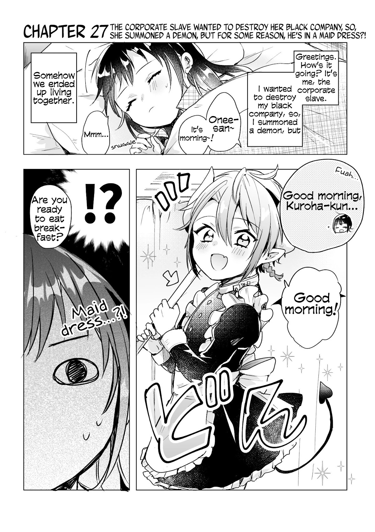 The Corporate slave OL and the demon shota Chapter 27 page 1 - Chapter 27: The corporate slave wanted to destroy her black company, so, she summoned a demon, but for some reason, he’s in a maid dress?!