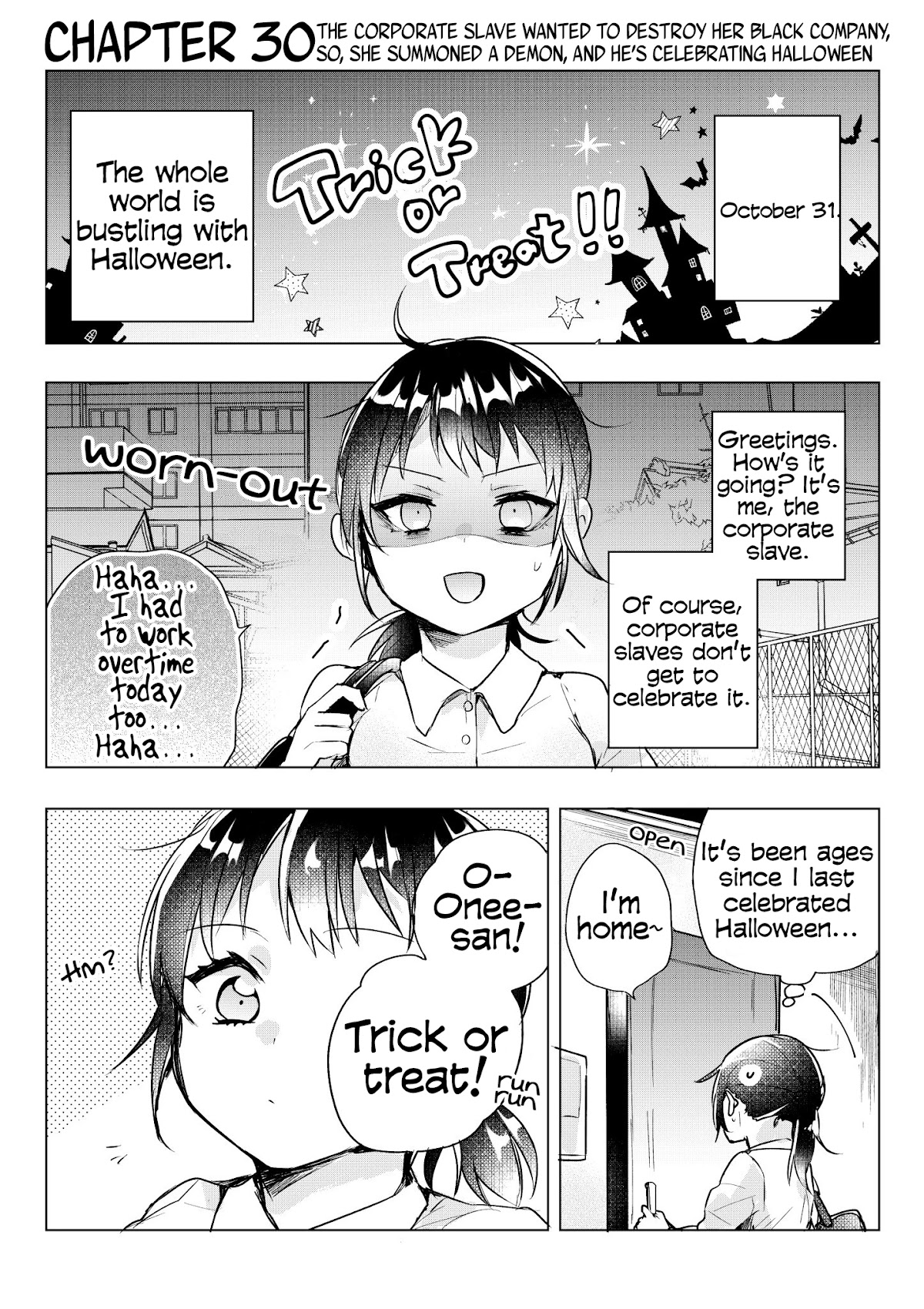 The Corporate slave OL and the demon shota Chapter 30 page 1 - Chapter 30: The corporate slave wanted to destroy her black company, so, she summoned a demon, and he’s celebrating Halloween