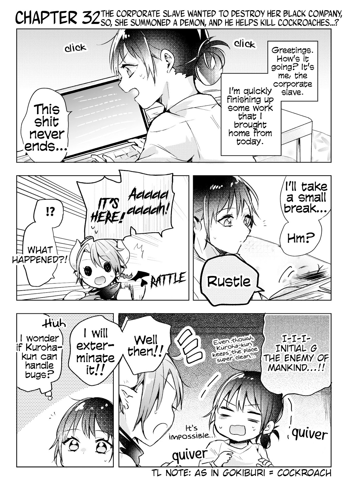 The Corporate slave OL and the demon shota Chapter 32 page 1 - Chapter 32: The corporate slave wanted to destroy her black company, so, she summoned a demon, and he helps kill cockroaches...?