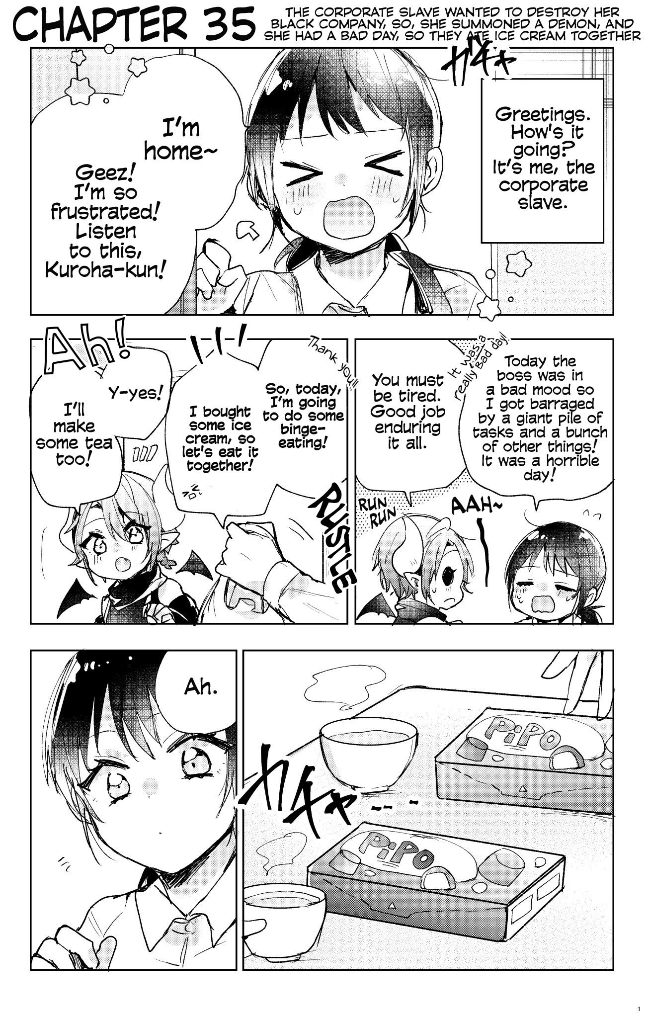 The Corporate slave OL and the demon shota Chapter 35 page 1 - Chapter 35: The corporate slave wanted to destroy her black company, so, she summoned a demon, and she had a bad day, so they ate ice cream together