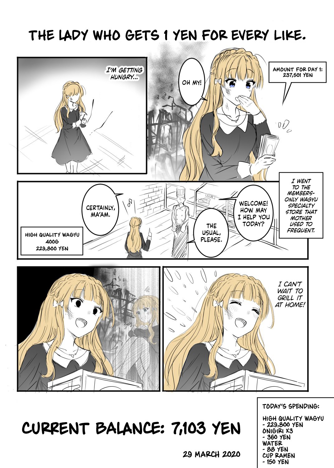 The Lady who gets 1 Yen for every like Chapter 2 page 1 - Chapter 2: 29 March 2020