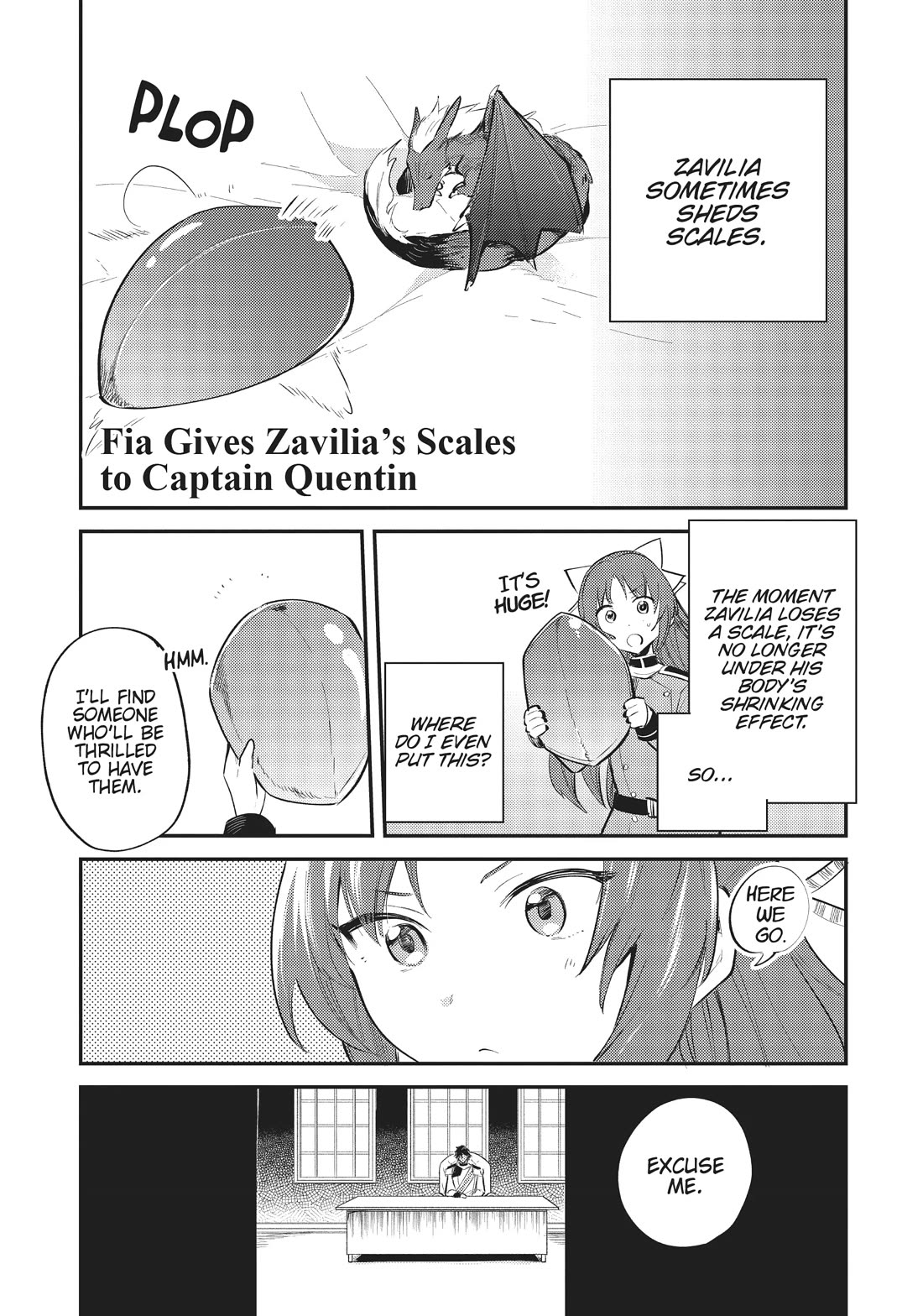 The Reincarnated Great Saint Hides That She's a Saint Chapter 21.5 page 1 - Chapter 21.5: Bonus Manga: Fia Gives Zavilia's Scales to Captain Quentin