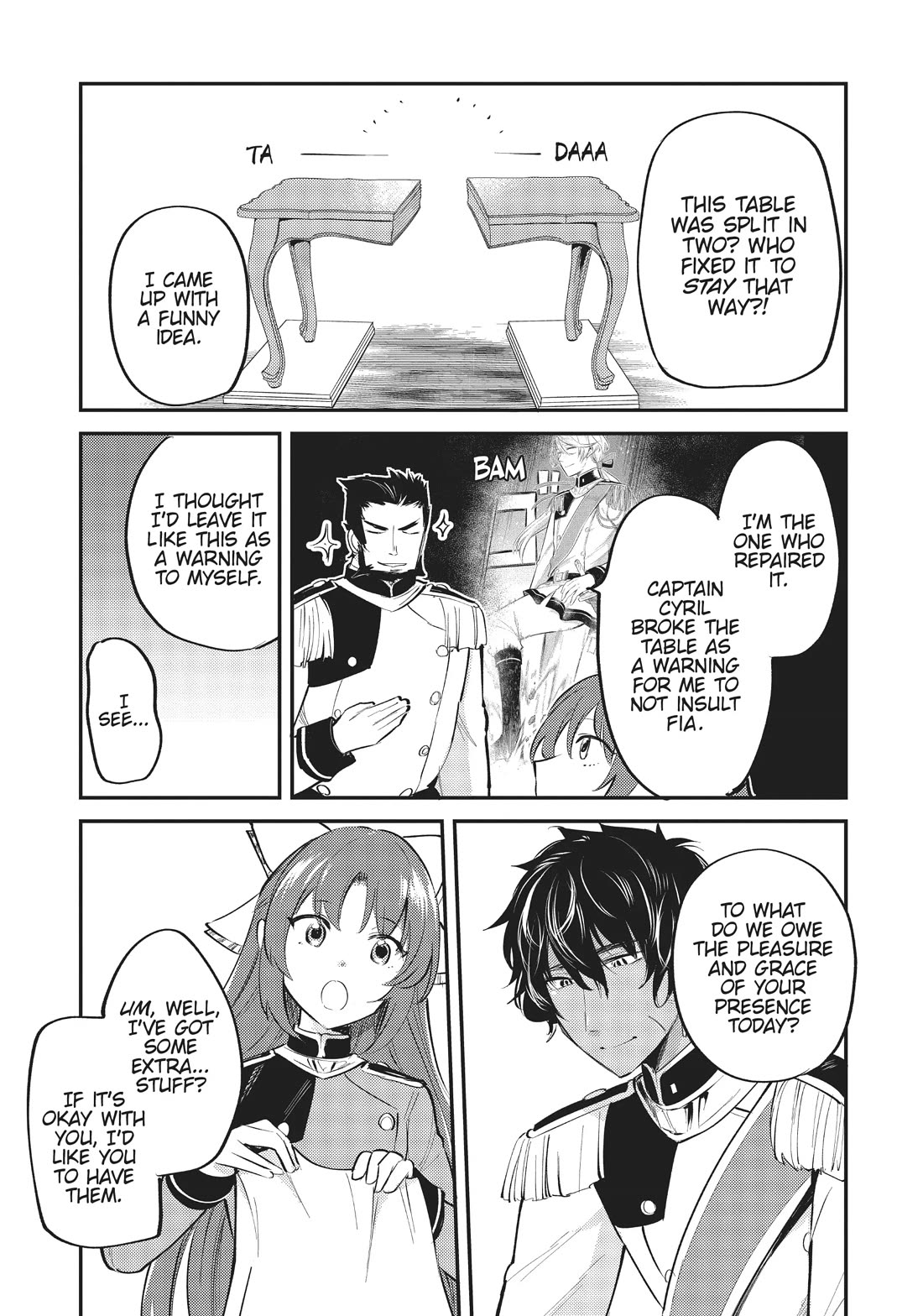 The Reincarnated Great Saint Hides That She's a Saint Chapter 21.5 page 3 - Chapter 21.5: Bonus Manga: Fia Gives Zavilia's Scales to Captain Quentin
