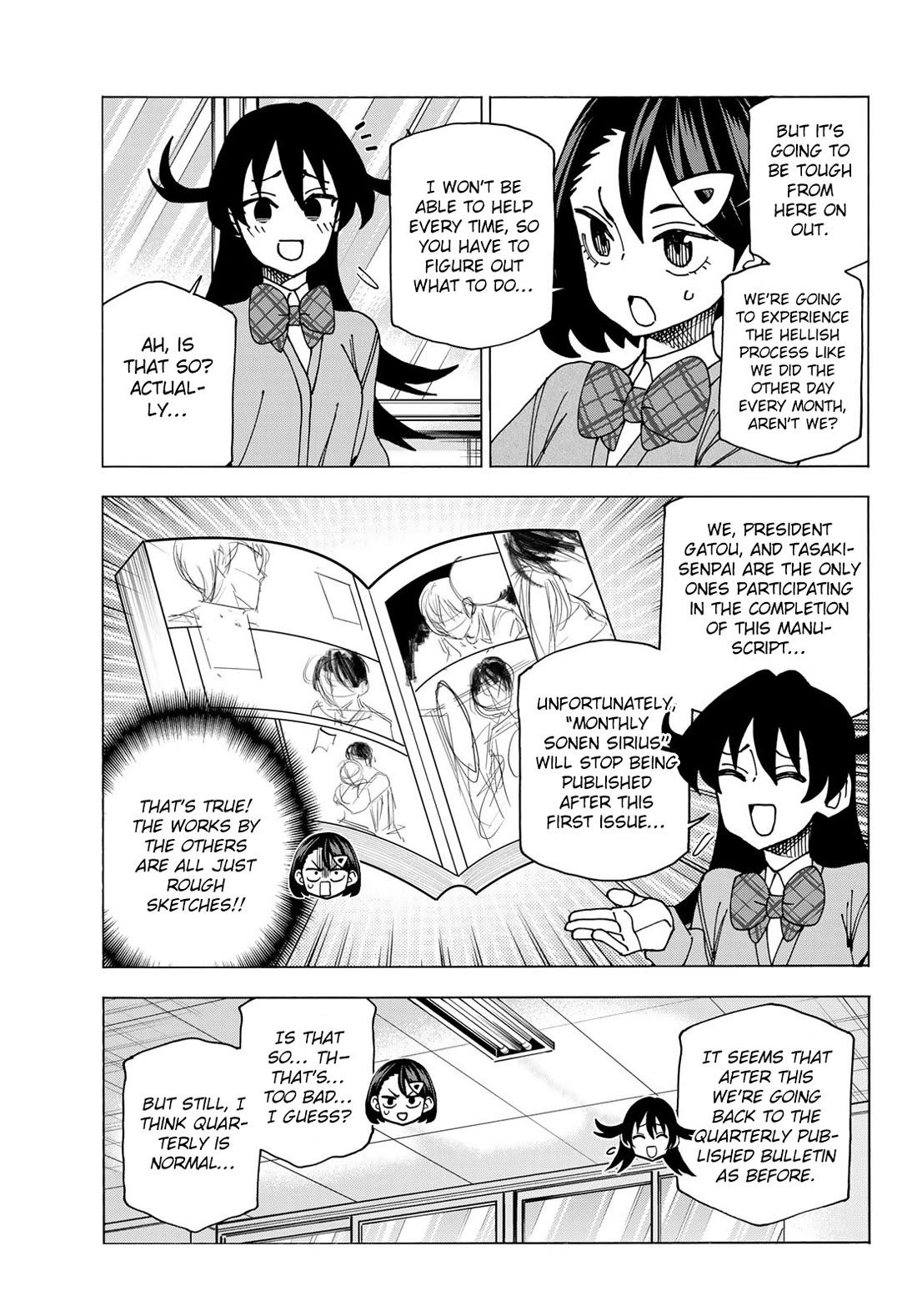 The Story Between a Dumb Prefect and a High School Girl with an Inappropriate Skirt Length Chapter 71.5 page 5 - Chapter 71.5: The Story of the Details of the Story of the Dumb Manga-Club Members’ discussion on production.