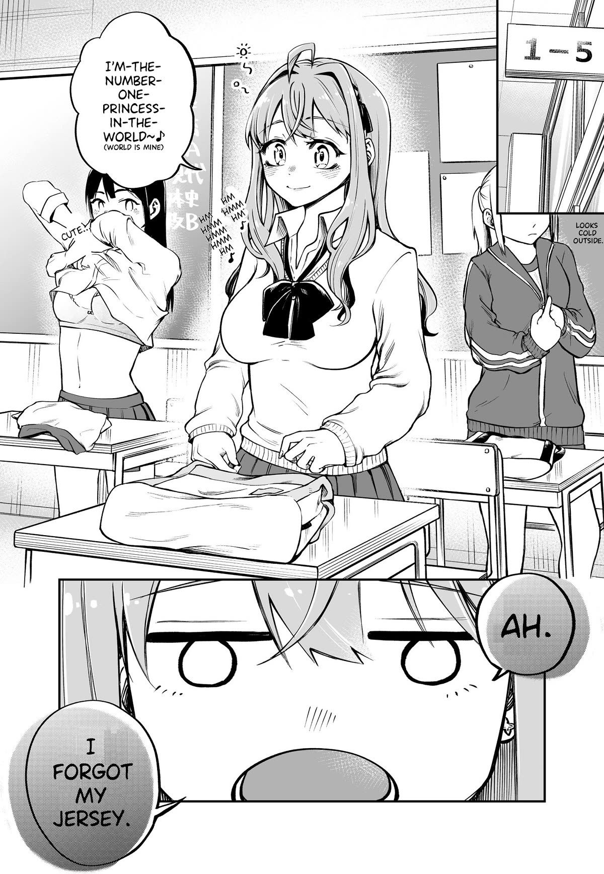 The Story of a Kouhai Who Flirts with Me as a Self-Proclaimed Girlfriend Chapter 5.5 page 1 - Chapter 5.5: The Story of a Kouhai, my Self-Proclaimed Girlfriend borrowing a jersey.