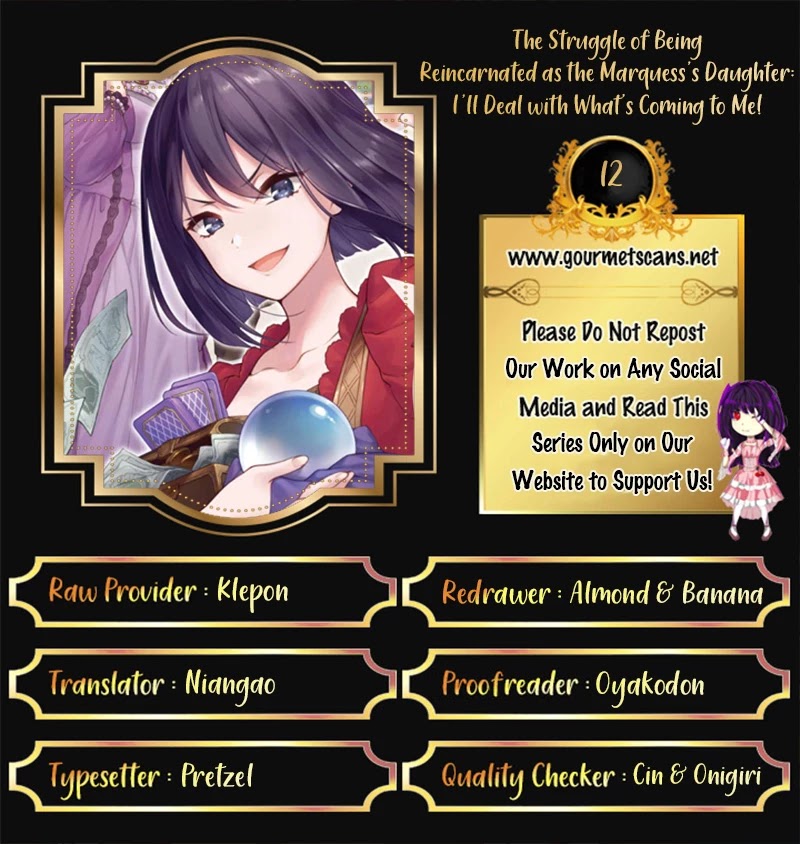 The Struggle of Being Reincarnated as the Marquess's Daughter: I'll Deal with What’s Coming to Me! Chapter 12 page 1 - Chapter 12