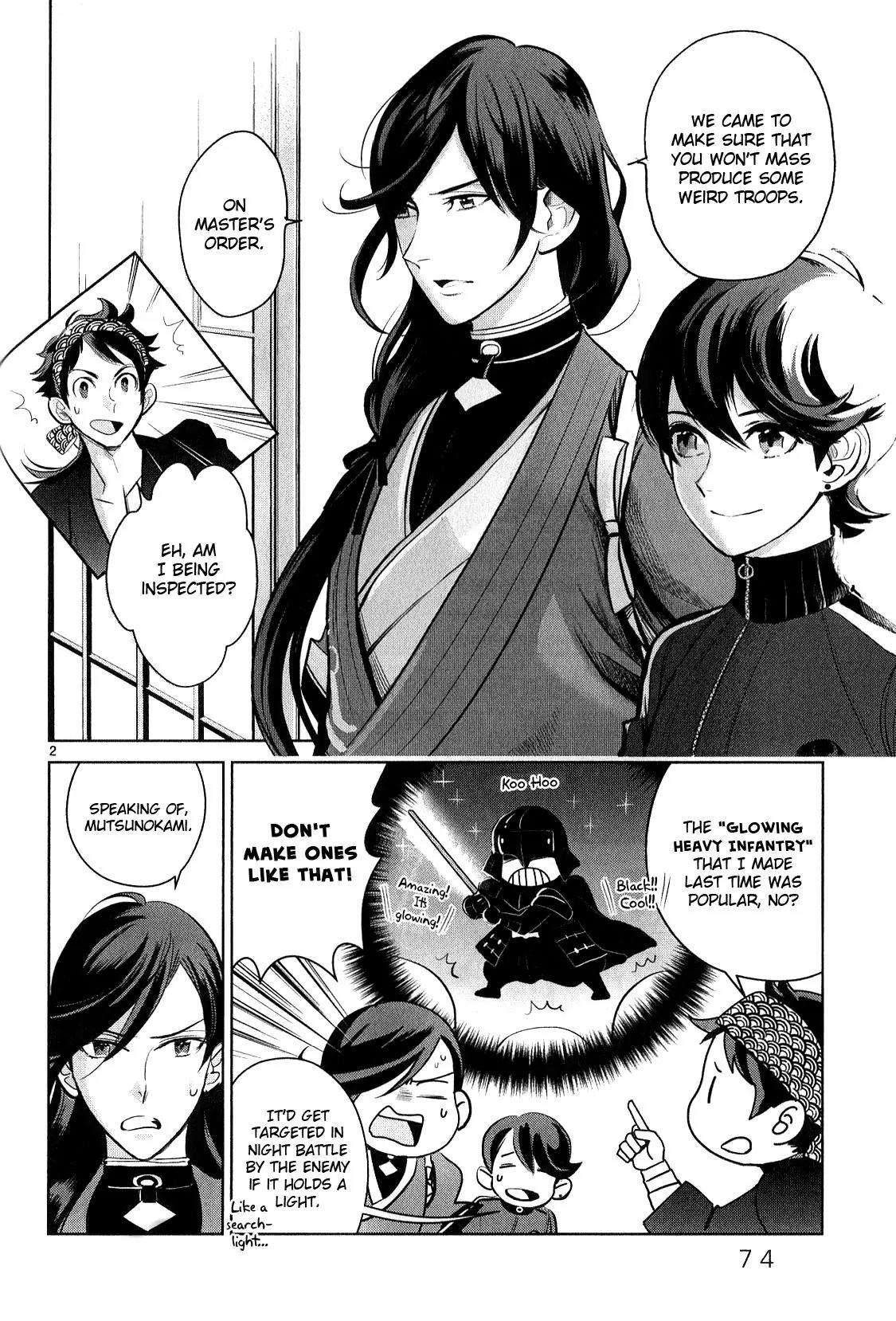 Touken Ranbu Anthology ~ Hibana Mae, Touken Danshi ~ Chapter 8 page 2 - Chapter 8: Making Troops and Playing Around with Mucchan (by Muraoka Megumi)