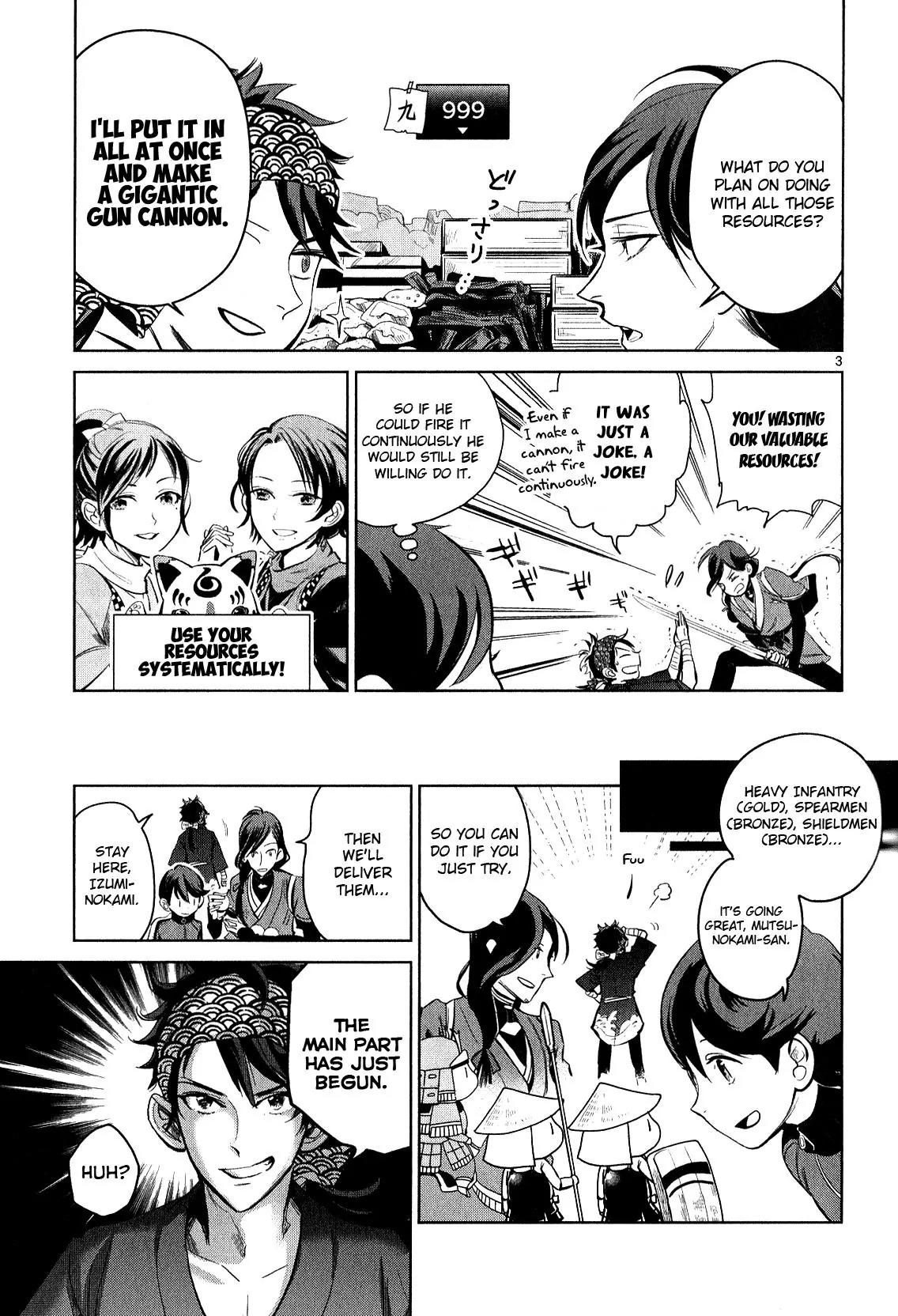 Touken Ranbu Anthology ~ Hibana Mae, Touken Danshi ~ Chapter 8 page 3 - Chapter 8: Making Troops and Playing Around with Mucchan (by Muraoka Megumi)