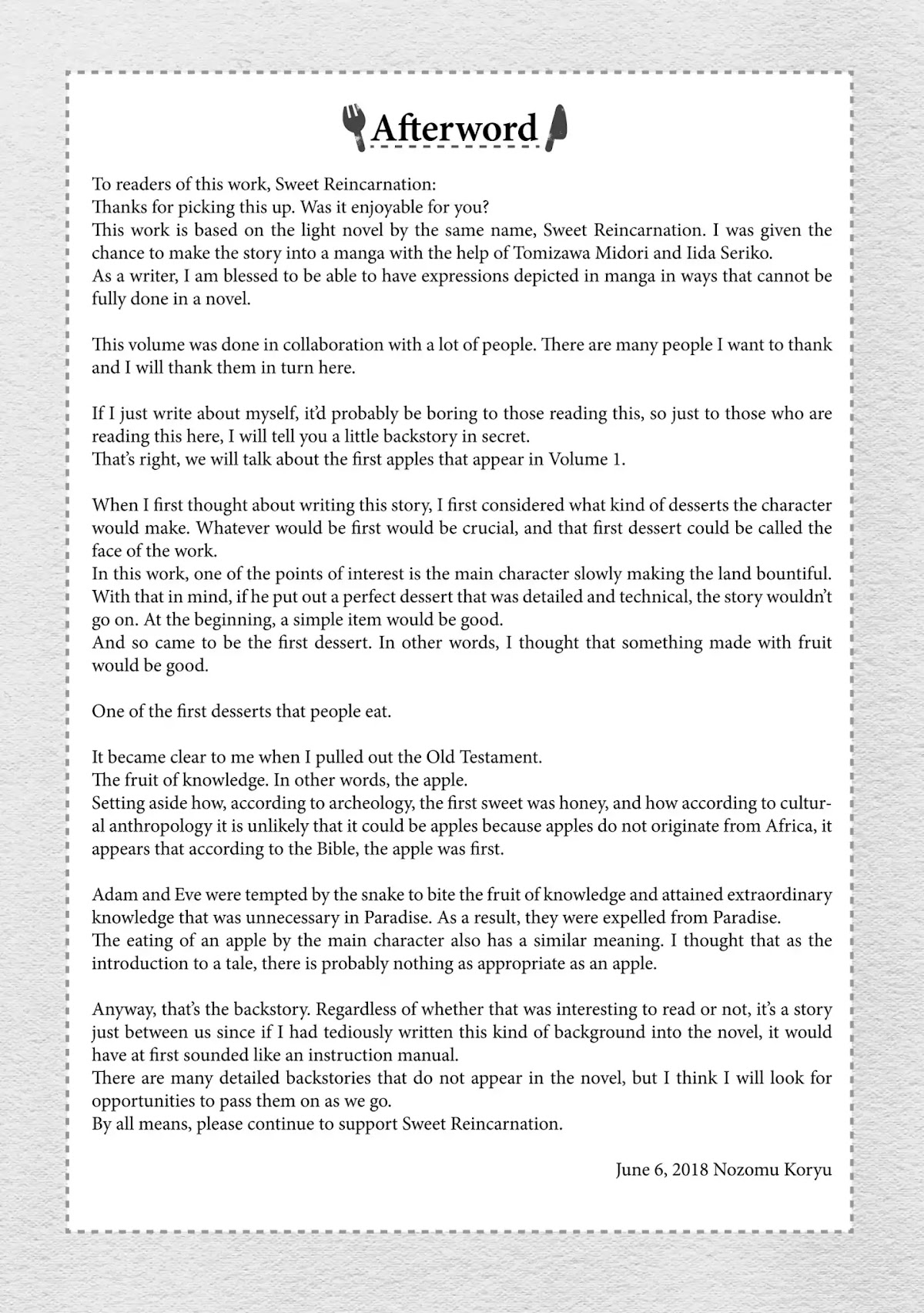 Treat of Reincarnation: The Advent of the Almighty Pastry Chef Chapter 5.7 page 1 - Vol.1 Afterword From the Original Creator
