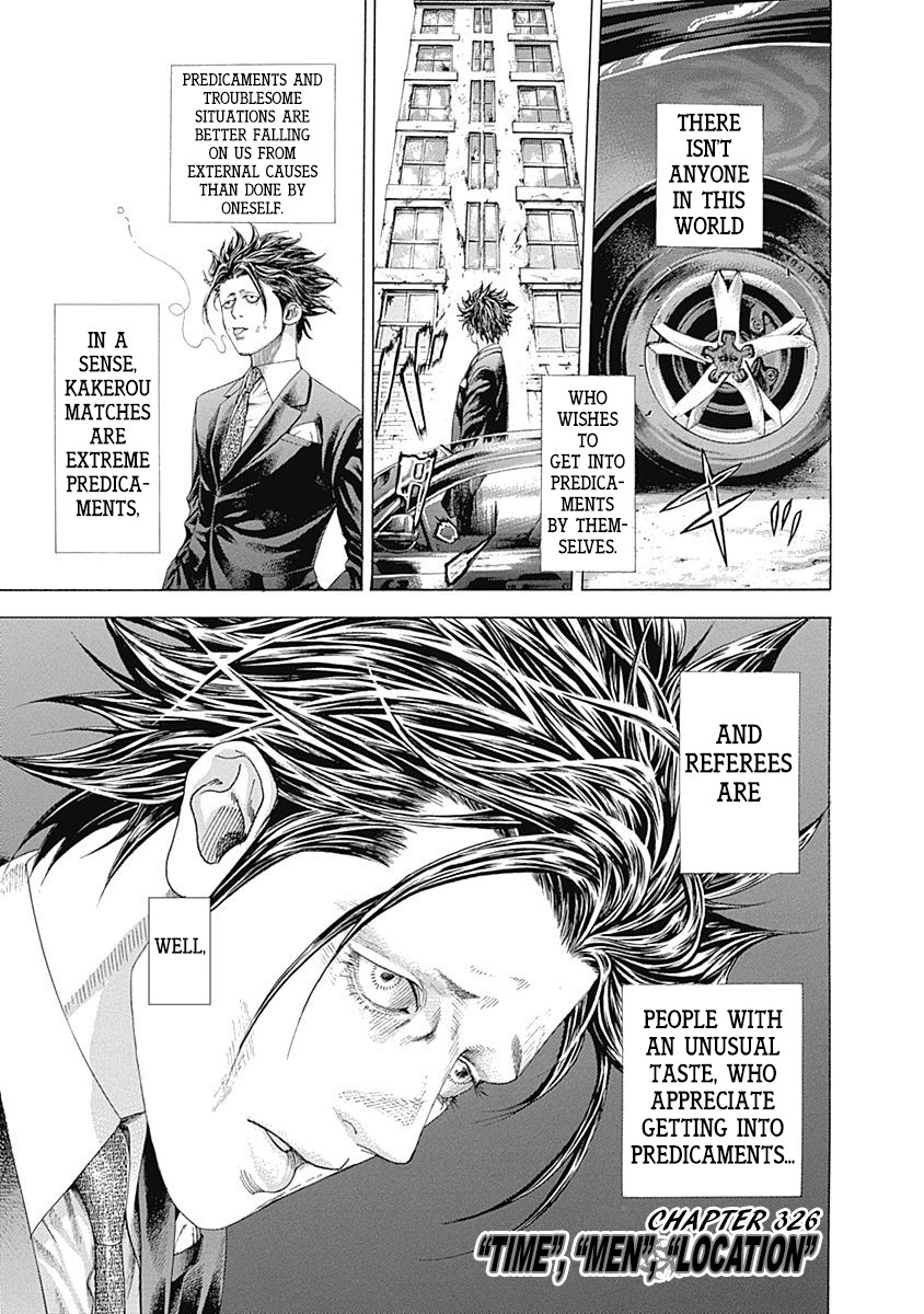 Usogui Chapter 326 page 1 - Chapter 326: “Time”, “Men”, “Location”
