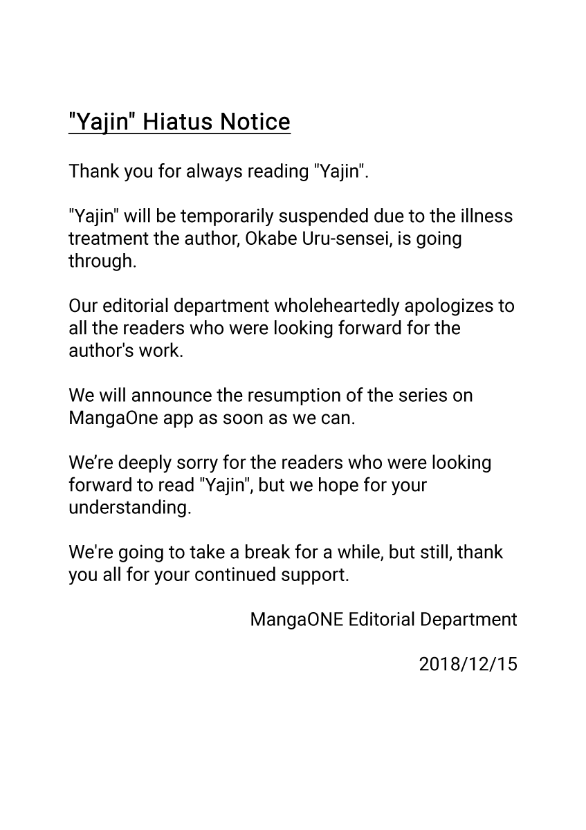 Yajin Chapter 24.1 page 1 - Chapter 24.1: Hiatus Notice