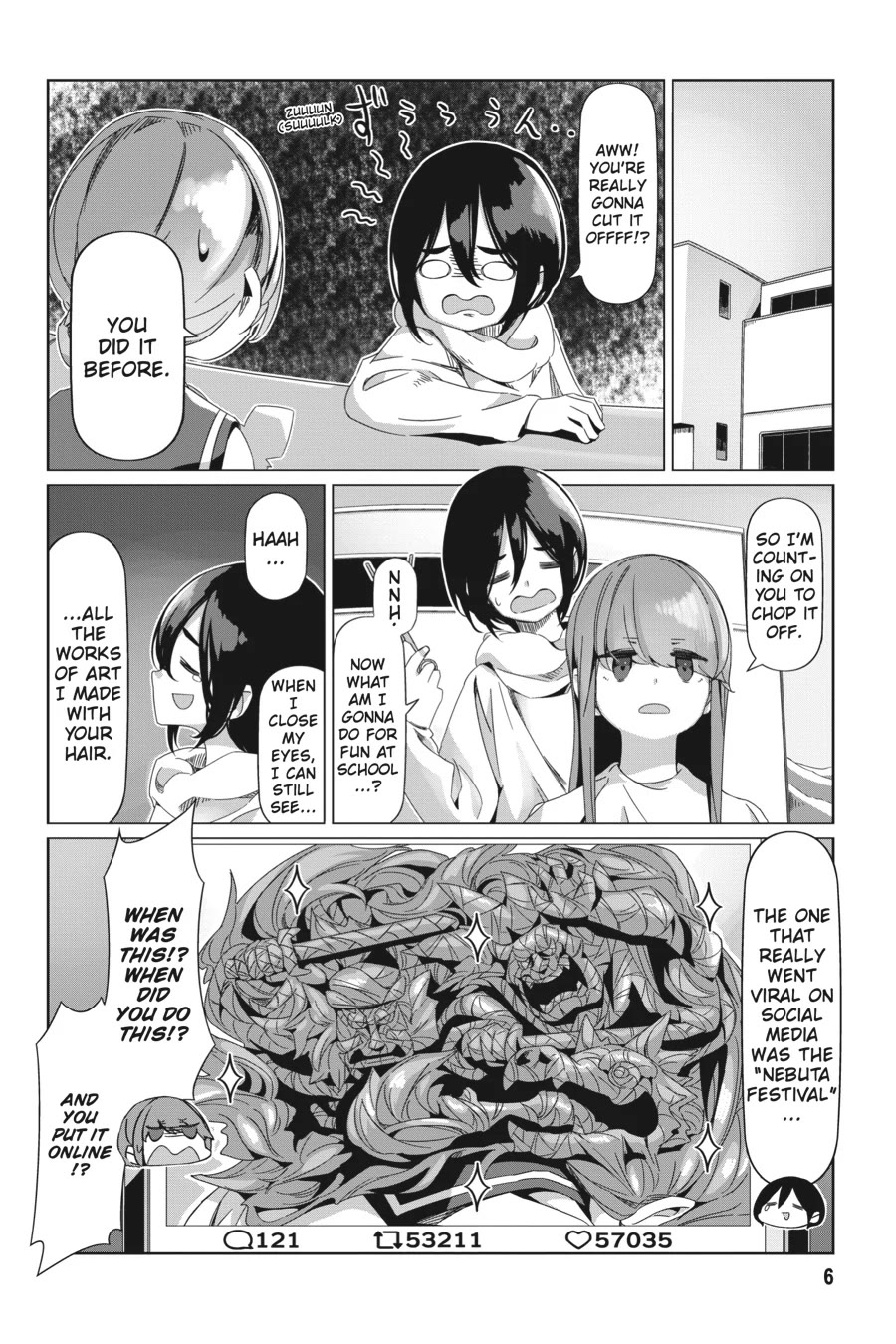 Yurucamp Chapter 88 page 7 - Chapter 88: Farewell, Shimarin's Bun, Until She Grows Her Hair Out Again
