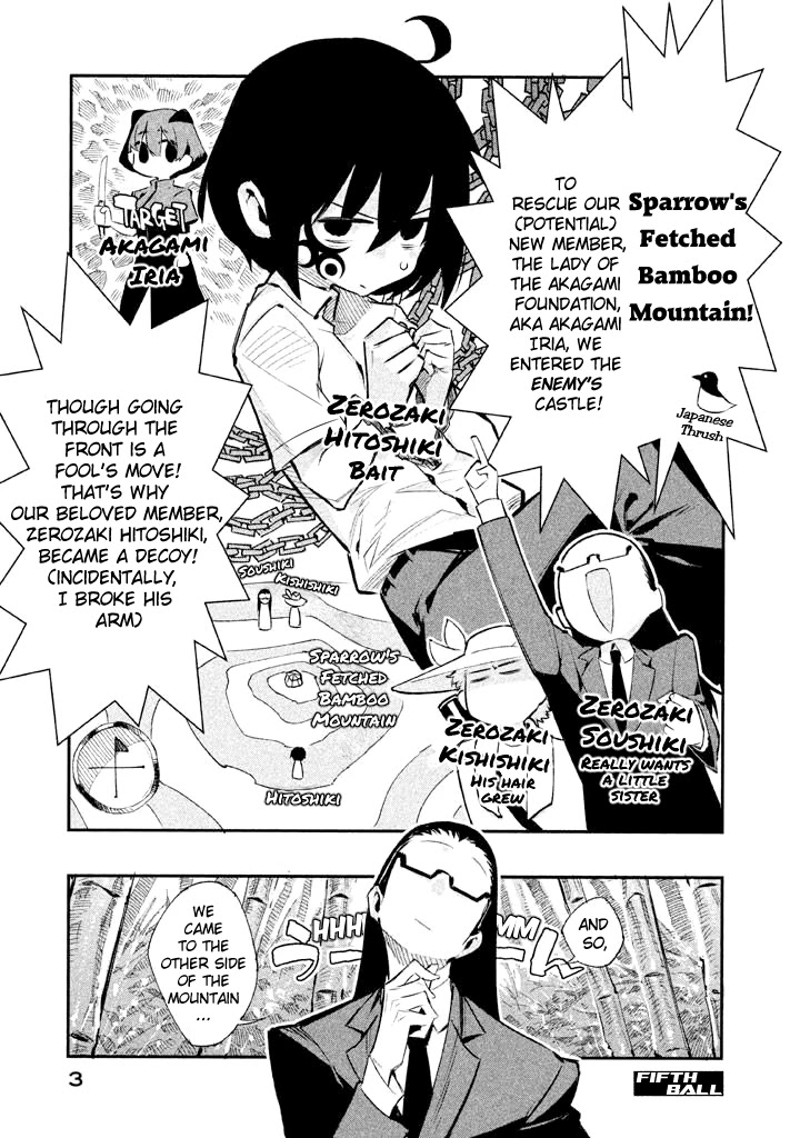 Zerozaki Kishishiki no Ningen Knock Chapter 5 page 1 - Chapter 5: Sparrow's Fetched Bamboo Mountain - Fifth Ball